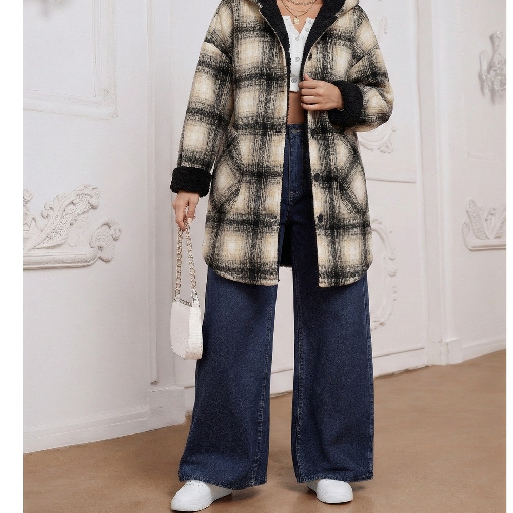 RDI Women Plaid Hooded‎ Shacket Medium Black Tan Button Front Coat Jacket